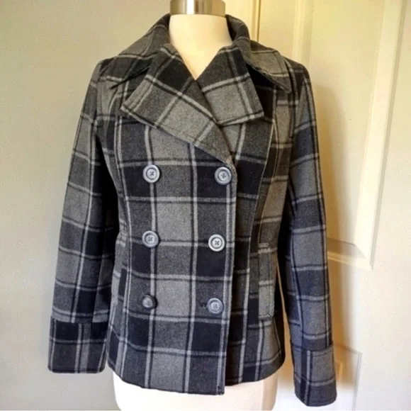 Old Navy Black & Gray Plaid Pea Coat Jacket, Sz S - Picture 2 of 4